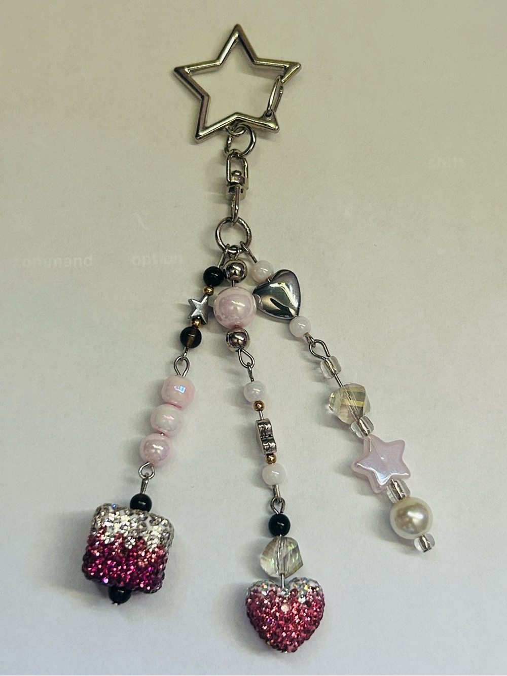 Handmade Pink Glitter Heart & Cube Beaded Keychain Charm
